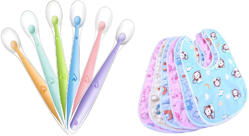 Vadhavan 6pc Cotton Baby Bibs With 6pcs Baby Silicone Spoon  - Silicone(Multicolor)