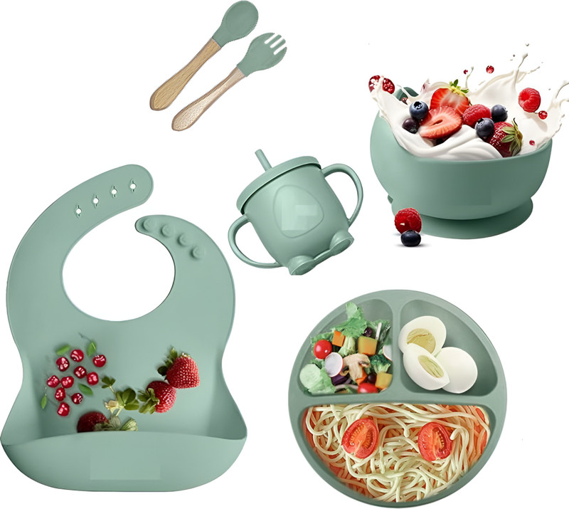 Shikshapatri All-in-One Baby Feeding Set 6 pcs, Food-Grade Silicone, Ideal for 6–36 Months  - 100% Food-Grade Silicone(Green)