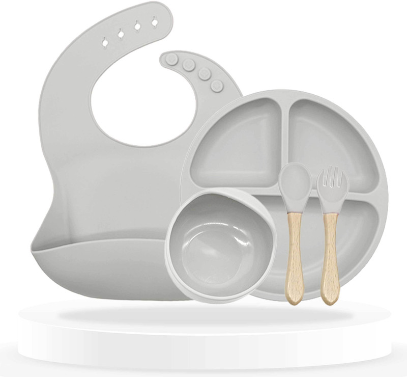 Bembika Baby Dinner Set Silicone Tableware Eating Utensils - Grey  - Silicone(Grey)