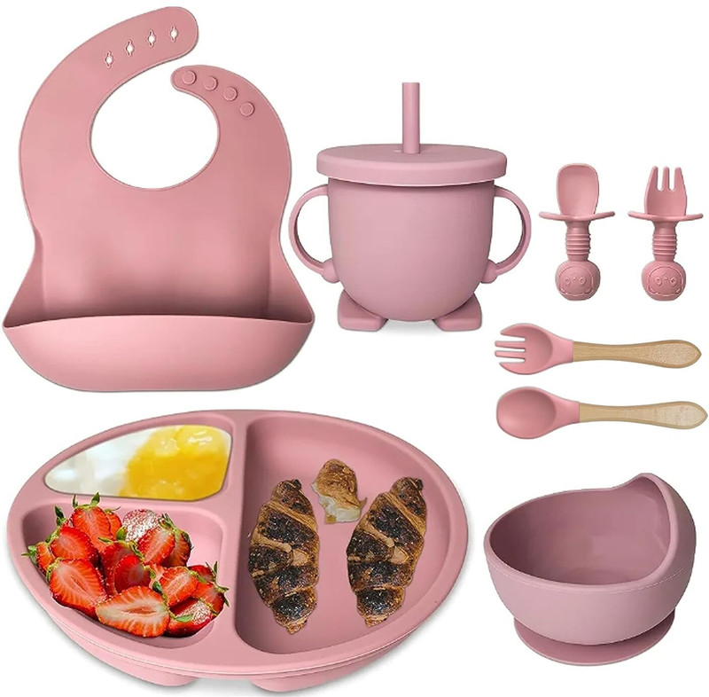 KPTON Silicone Baby Feeding Set | Complete 8-Piece Baby Led Weaning Set  - Silicone(Pink)
