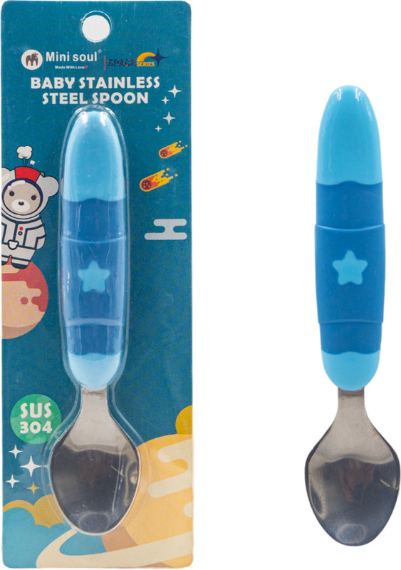 MINI SOUL BPA Free Stainless Steel Spoon with Comfortable Grip Handle for Baby Feeding - Stainless Steel(Blue)