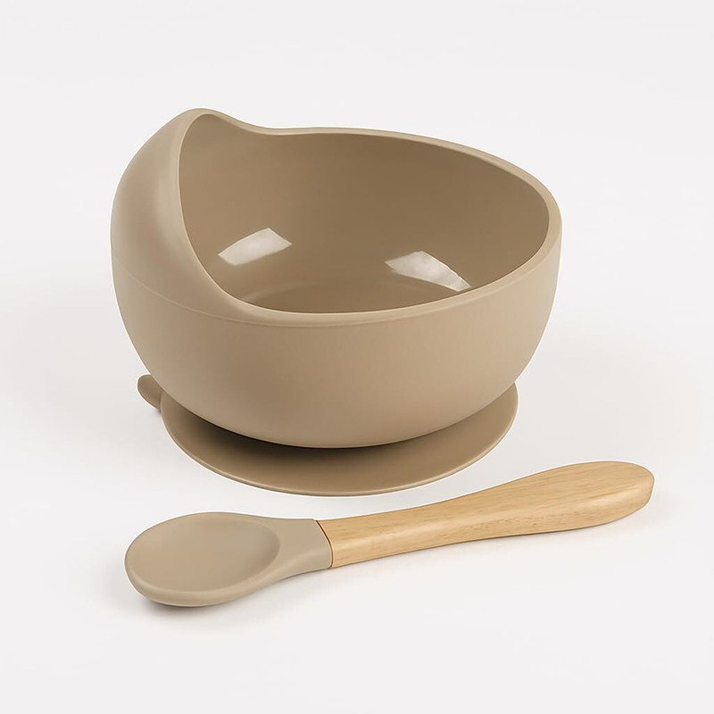 Niloni Silicon Suction Bowl with Wooden Handle Spoon  - Silicone(Brown)