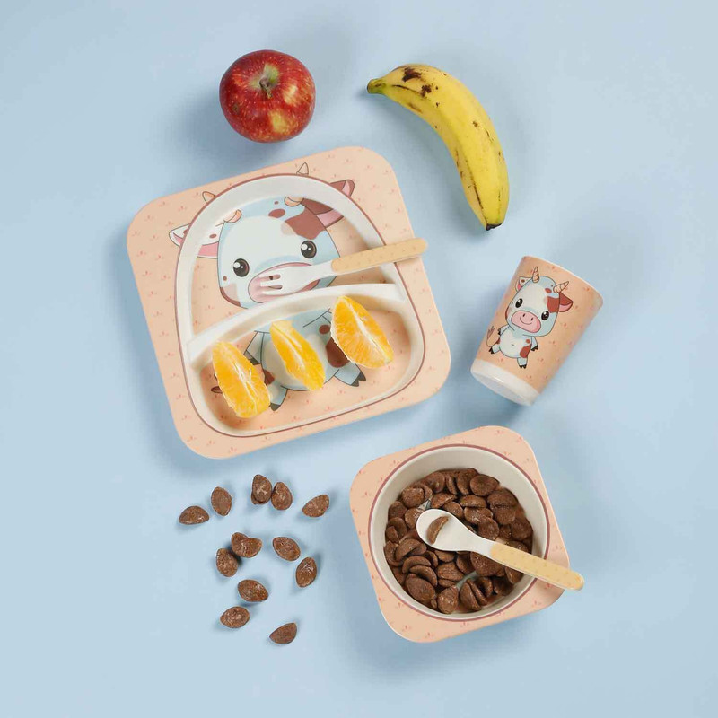 little ginnie Bamboo Fiber Kids Feeding Set of 5 | Dinner Set For Kids | Cow Theme  - Bamboo (Plate, Bowl, Cup, Spoon & Fork)(Beige)