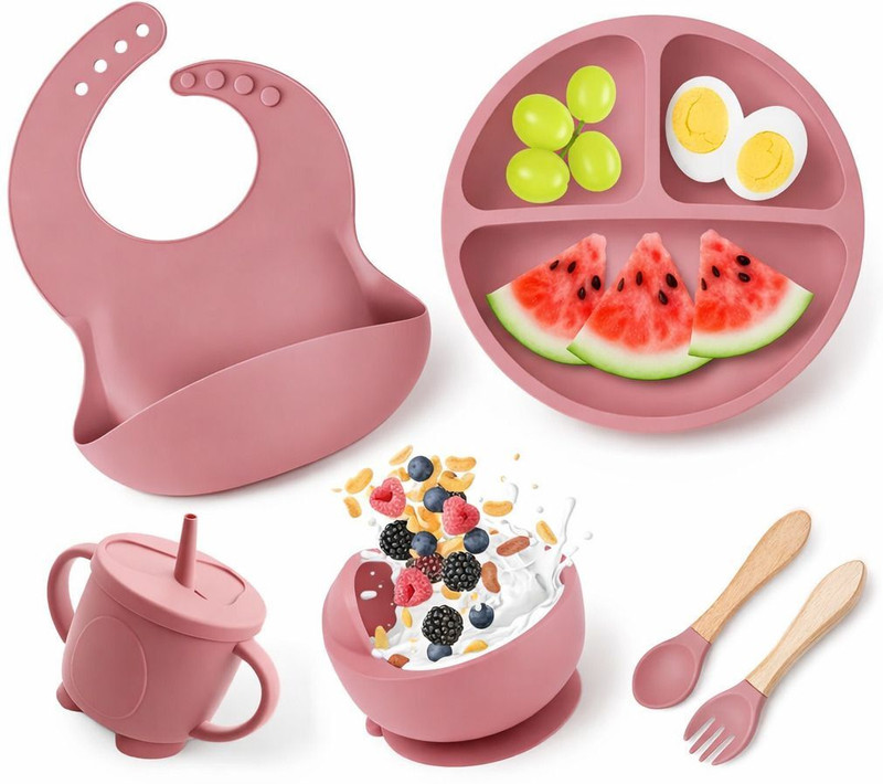gotag Silicone Baby Feeding Set, Baby Led Weaning Supplies Toddler Feeding Dish Set  - Silicone(Pink)