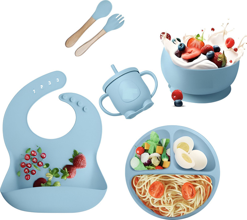 opriQ 6pc Silicone Baby Feeding Set,Baby Led Weaning Supplies Toddler Feeding Dish Set  - BPA Free -Silicone(Sky Blue)