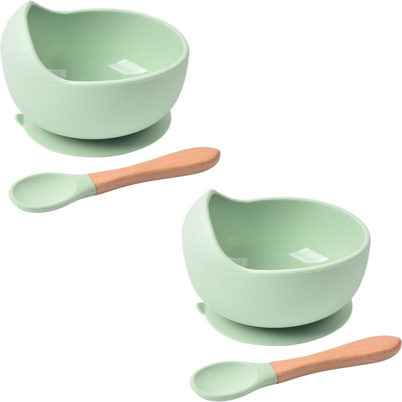 VEDANJAL Silicone Suction Bowl with Wooden Spoon Set for Baby  - silicone(Green)