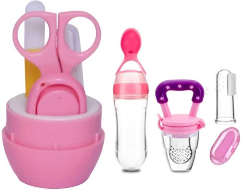 toroka Baby 7-in-1 Nail Clipper, Scissor, File & Tweezer,Brush,Feeder Manicure Kit  - SILICONE(Pink)