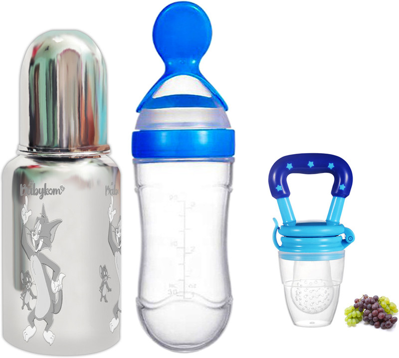 Babykom Stainless Steel Feeding Bottle/Silicone Food Feeder & Fruit Feeder Pack of 3  - 304 Grade Stainless Steel, Food Grade Silicone Food Feeder(Blue)