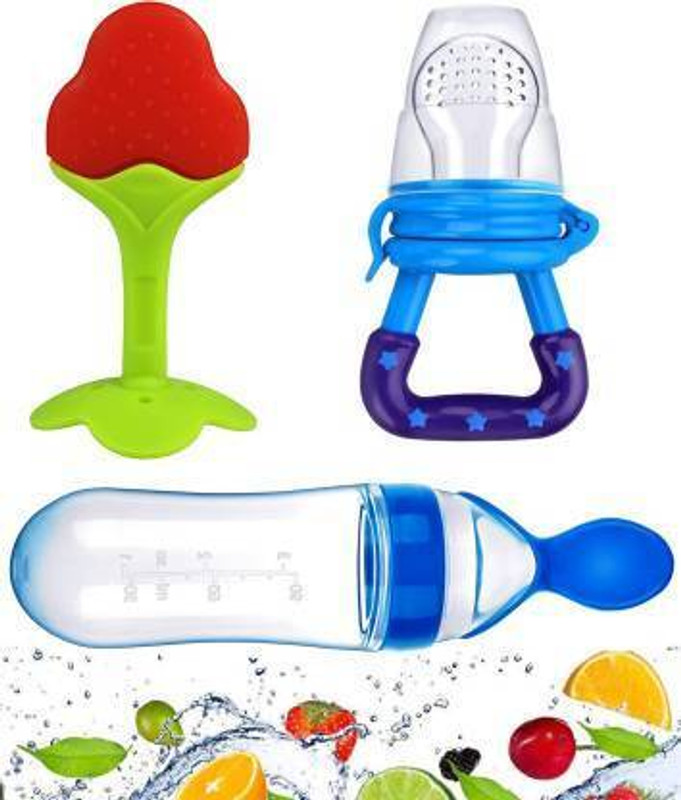 SuperStar Store Urban Baby Fruit Nibbler Silicone Spoon Bottle with Teether blue  - Silicone(Blue)