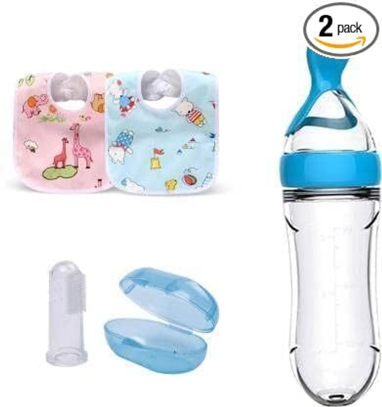 Aabhir Trader Spoon Feeder with Brush and 2 Bibs for New Born Infants Combo Pack  - Silicon(Multicolor)