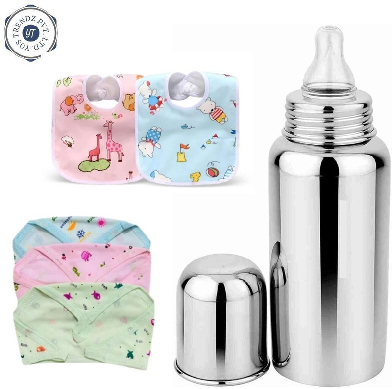 YOS TRENDZ Complete BabyFeeding Kit steel Bottle & Bib & Langot - Steel, Cotton Blend(multicolour(AZ))