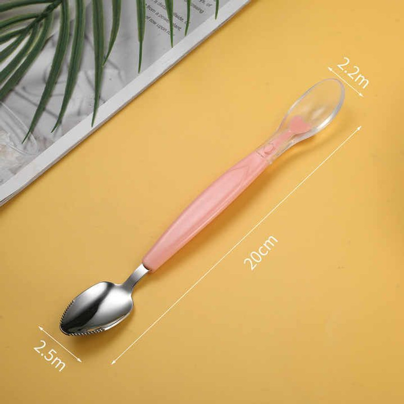 FLENGO Multi-Use Double Head Fruit Scraping & Soft Tip Feeding Spoon for Toddlers - Silicone, Stainless Steel(Pink)