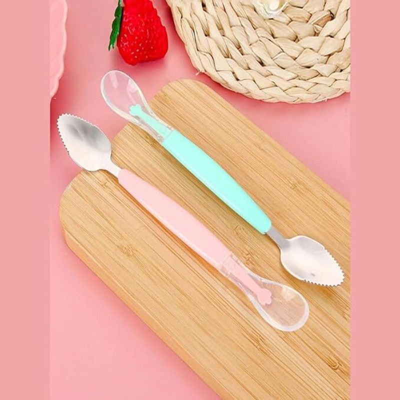 Vadhavan 2-in-1 Double Head Baby Feeding Spoons Set. Steel Food Scraping Tip 2pcs  - Silicone(Multicolor)