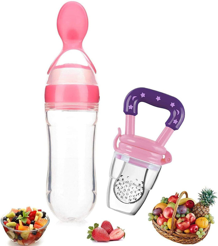 Kidsify 90ML Newborn Baby Feeding Bottle Toddler Silicone Squeeze Feeding Spoon Milk Cereal Training Feeder and Fruit feeder(Set of 2)  - Silicone(Pink)