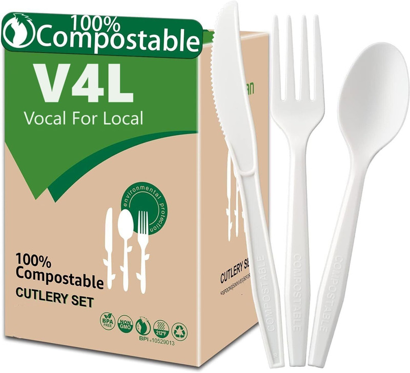 V4L 25 Forks 25 Spoons 25 Knives Disposable CPLA 6.2 in Compost Cornstarch Cutlery - Cornstarch(White)