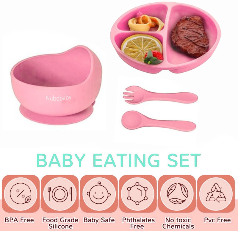 Nubobaby Silicone Divided Plate with Spoon and Fork Set, 3 Compartments, Kids Toddler  - Feeding BPA-Free, Non-Toxic, Microwave & Dishwasher Safe for Toddlers 6+ Months(Pink)