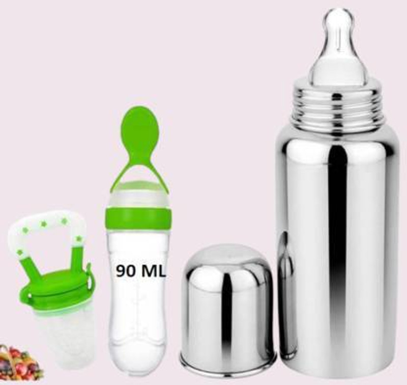 SuperStar Store Urban Baby Stainless Steel Feeding Bottle250ML Silicone- 230 ml  - Stainless steel, silicone(Green)