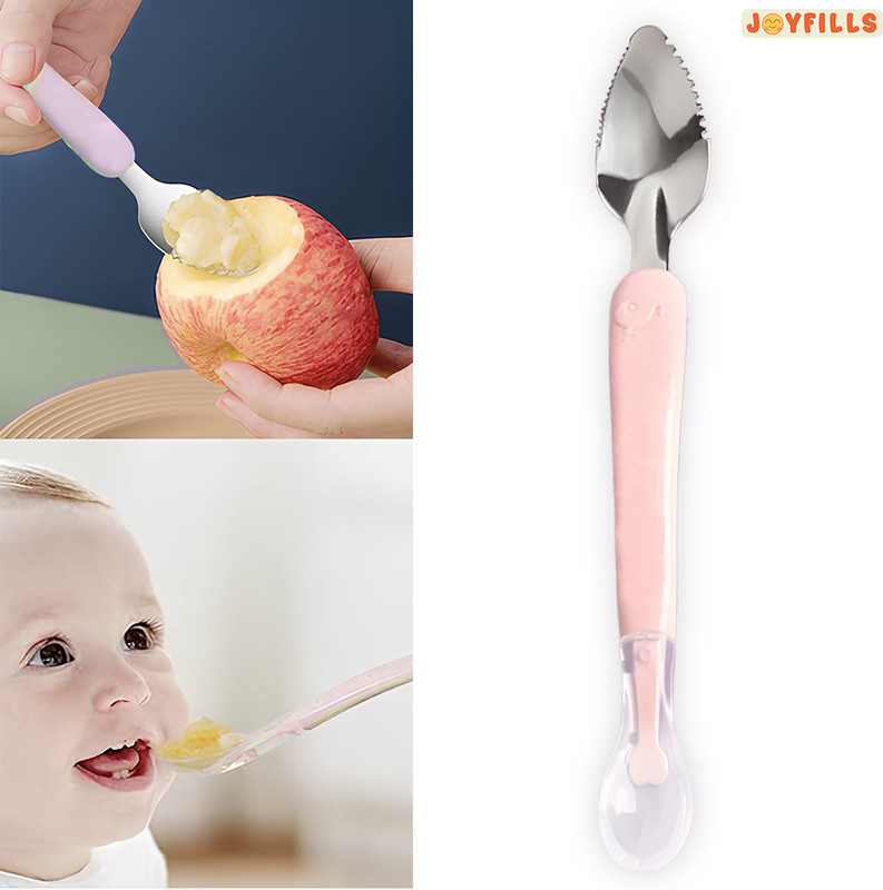 JOYFILLS Baby Fruit Spoon 2 in 1 Multifunction Baby Feeding Fruit Spoon for Kids/Toldder - Slicone(2-in-1 Spoon, Pink)