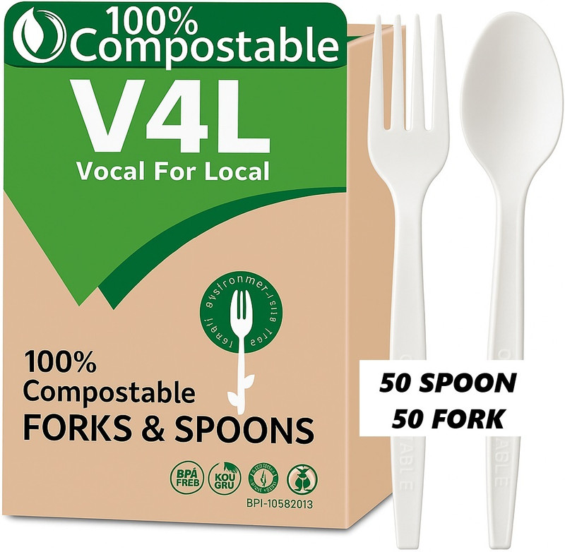 V4L Premium Spoons 50 Forks 50 Pack Disposable CPLA 6.2 - Cornstarch(White)