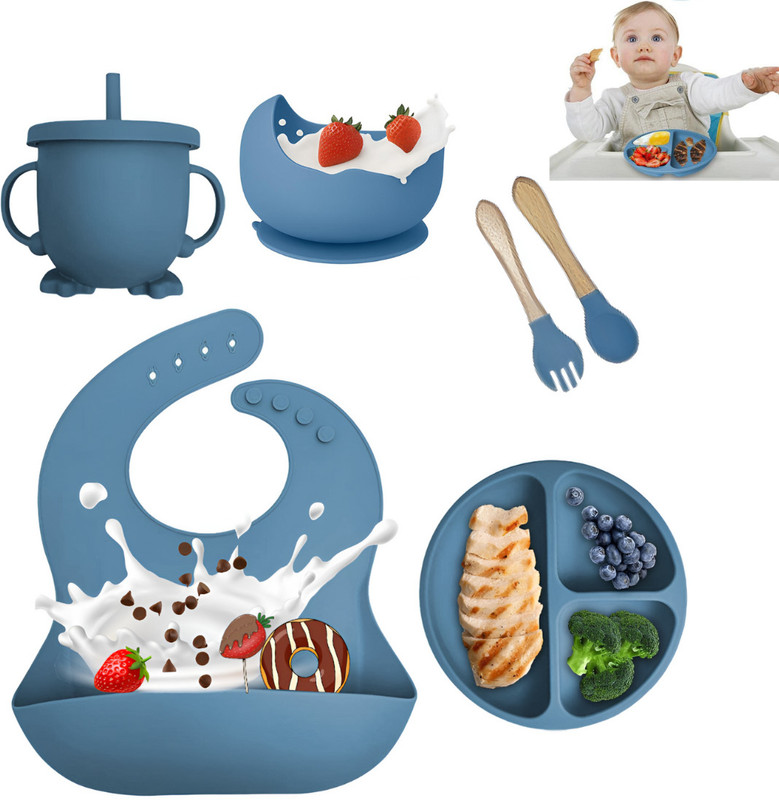 NIVKEZ Baby Toddler Feeding Kit | 6PCS BPA-Free Silicone Dishware |Non-Toxic & Hygienic  - Silicone(Blue)