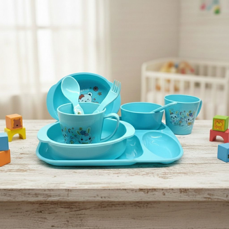 Plast boy Baby Feading Set 4 Compartment Plate with Spoon and Fork  - Plastic(Blue)