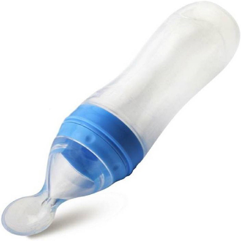 moms angel Baby Food Grade Silicone Squeeze Food Feeder with Spoon  - Silicon(Blue)