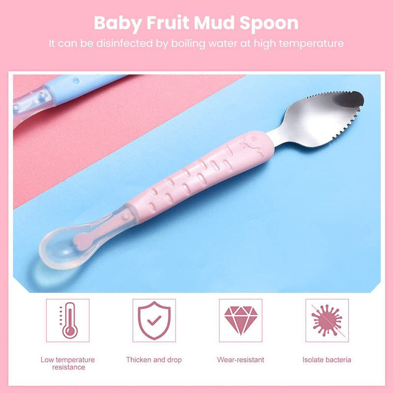 PALAY 2 in 1 Baby Feeding Fruit Spoon with Serrated Edge and Scraper for Kids Toddler - Silicone(Pink)