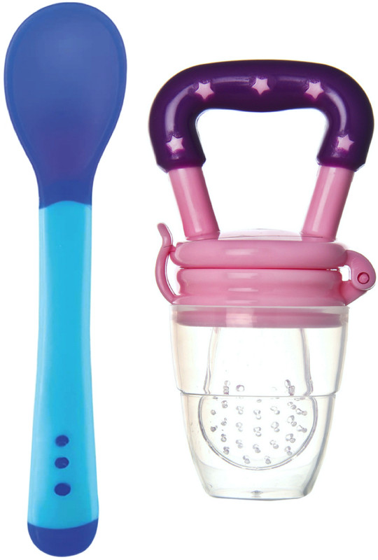 naughty kidz Combo of 1 Baby Feeding Spoon With 1 Baby Food/Fruit Nibbler , For Baby, Infant - Silicone , BPA Free, 3 Months+(Blue, Pink)
