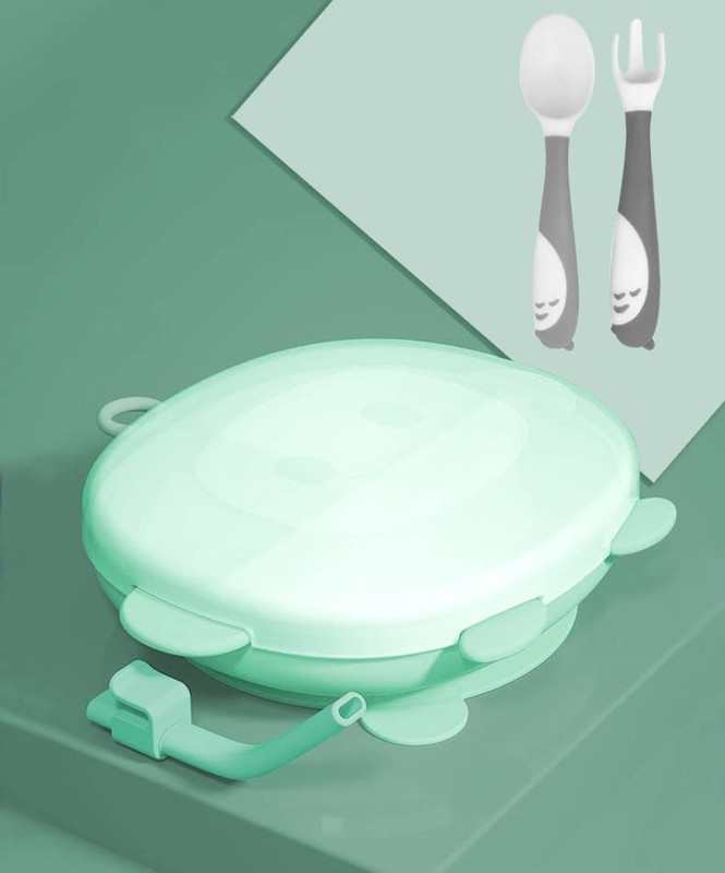 StarAndDaisy Baby Plates for Toddlers Silicone Plates /Kids BPA Free Plates with Set of Spoon  - Silicone(Hanger Green)