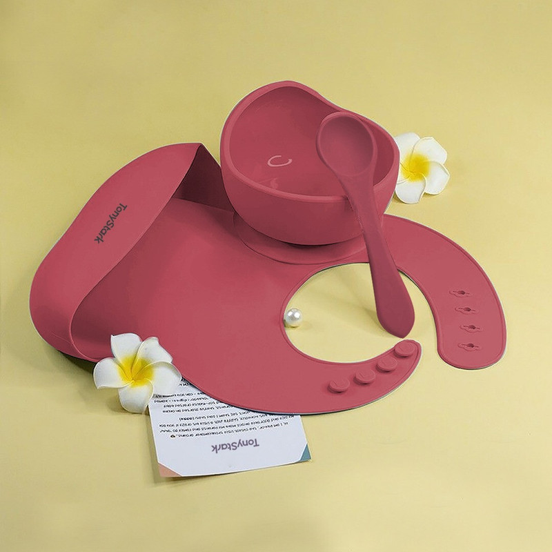 TONY STARK 3 Pcs Silicone Baby Feeding Set, Tableware Kit  - Feeding Bowl & Spoon, Bib for Kids, Toddler - Silicone(Wine Red)