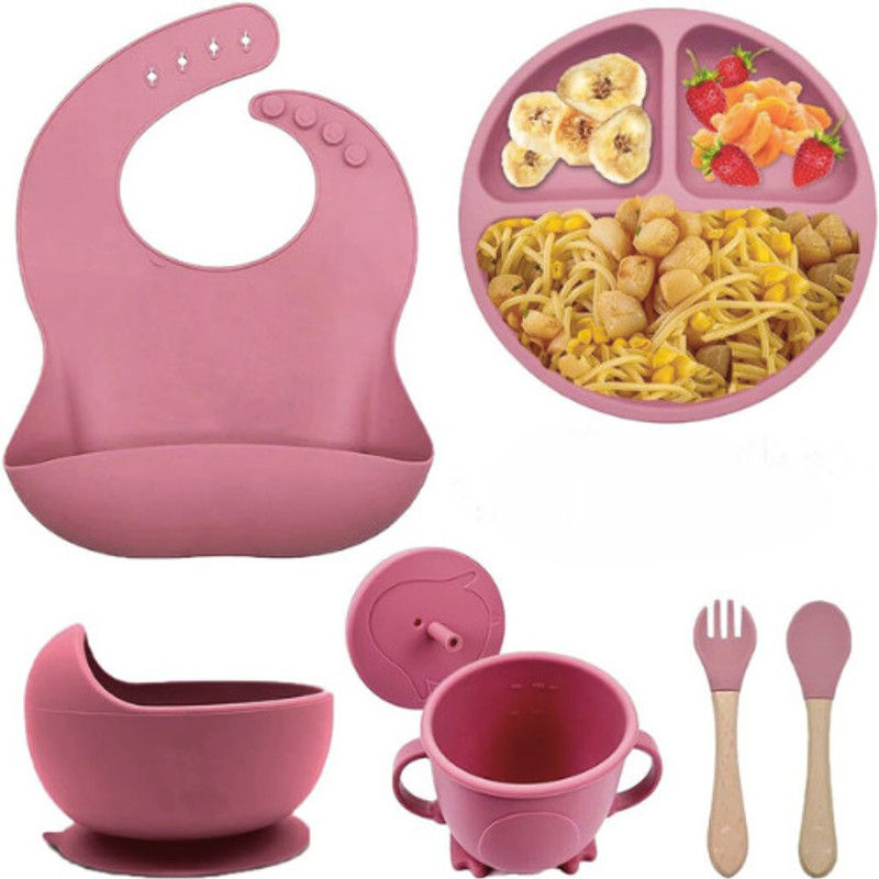 parspar Silicone Baby Feeding Set, Complete 6-Pcs Baby Led Weaning Set, Sterilizable  - 100% Food-Grade Silicone, Safe for Babies, Heat Resistant, Lead-Free(Pink)