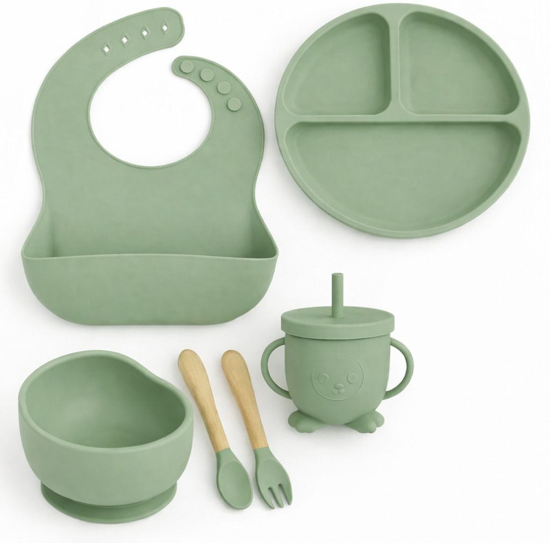 OMTHIA Silicone Baby Feeding Set  - Food Grade Silicone, Toddler Feeding Kit, BPA-Free, Non-Toxic, Easy to Clean, Silicone(Green)