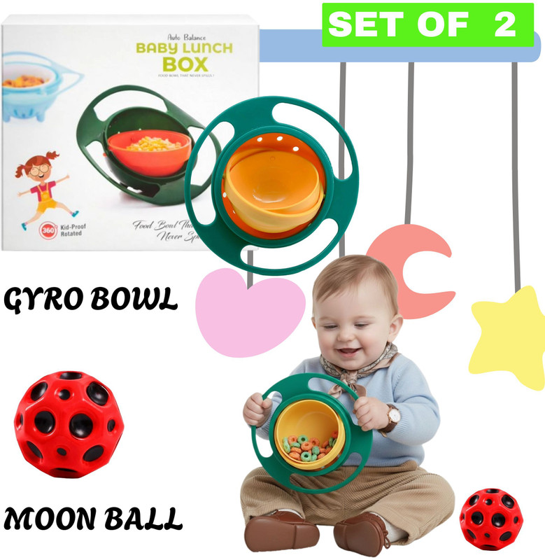 TruVeli Kids Gyro Bowl & Moon Ball Set | Spill Proof Bowl +moon Ball (Set of 2)  - Food Grade Plastic(Multicolor)