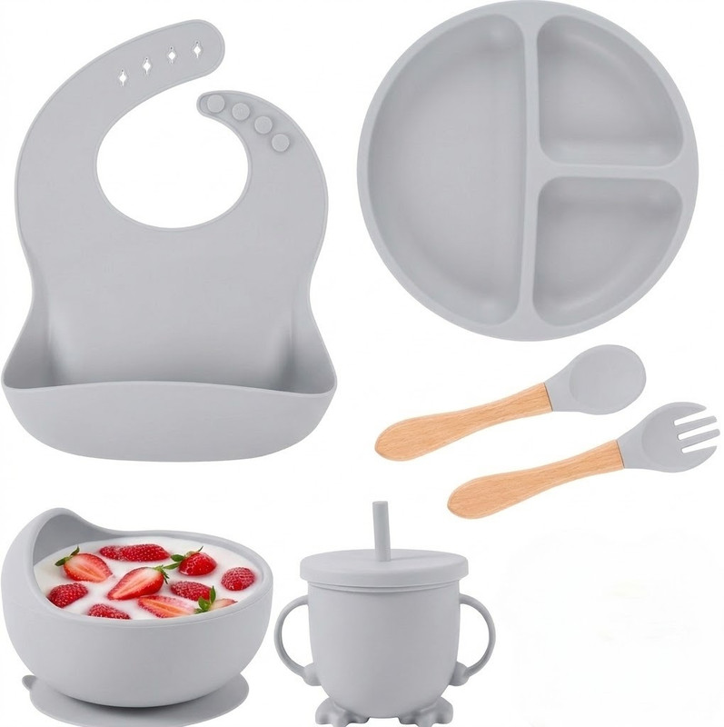 DAYALU MART 6 pcs Silicone Baby Feeding Set– Suction Bowl & Plate,Bib,Spoon, Fork, Sippy Cup  - BPA Free -Silicone(Grey)