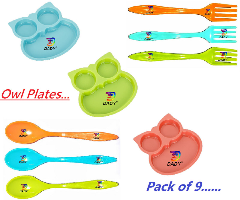 Dady Unbreakbale Owl Shaped Kids Snack Serving Plate with Spoons (Pack of 9 items) - plastic(Multicolor)