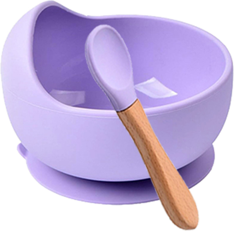 ARQIVO Baby Feeding Bowl and Spoon Set, Silicone Suction Base and Wooden Spoon  - Silicone(Purple)