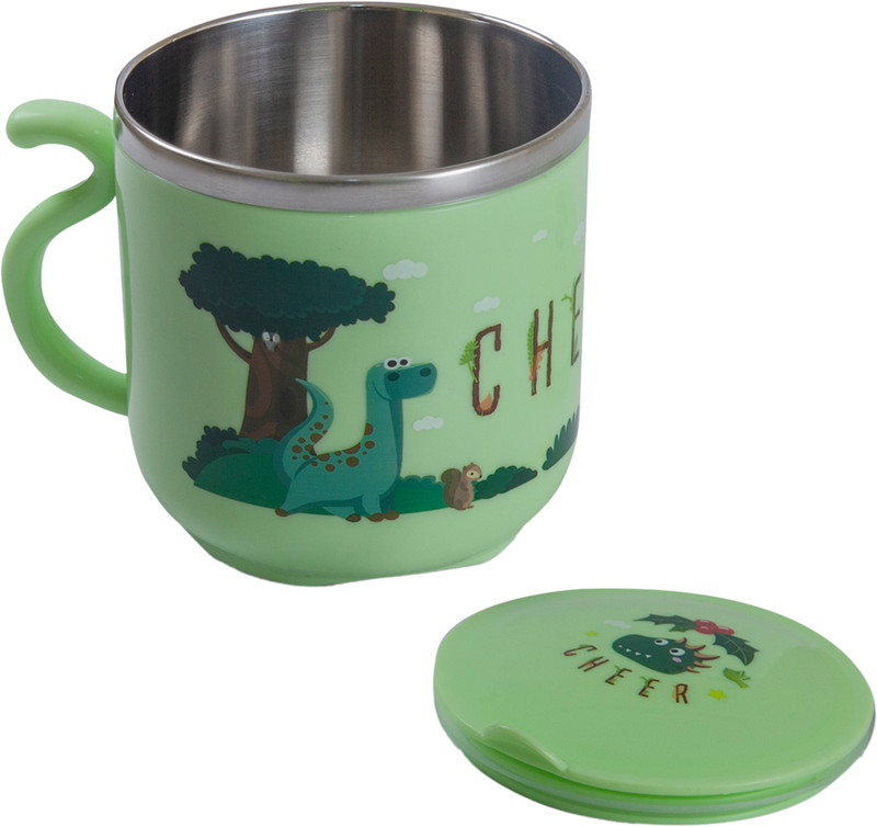 Baby Moo Stainless Steel Water Cup with Lid Happy Monkey Baby Feeding Cup For Age 1-10 Yr - Food Grade Silicone(Green)
