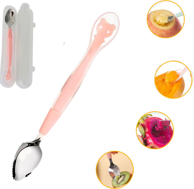 Zozobaa Double Head 2 in 1 Silicone Baby Spoon & Stainless Steel Fruit Scraper Spoon  - Spoon head is 100 % Silicone - Food Grade, BPA Free Plastic Body(Pink)