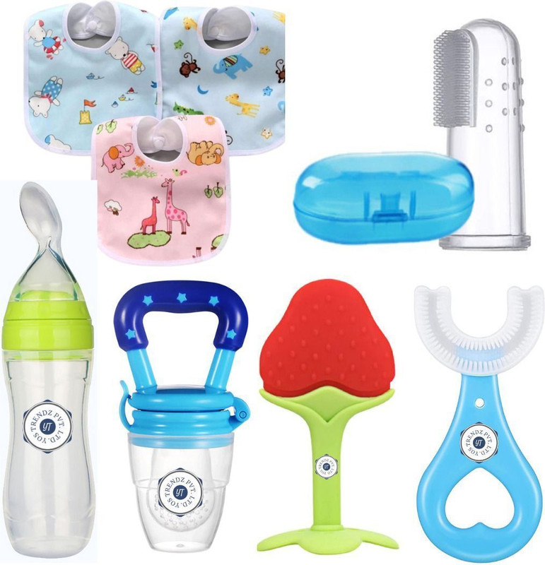 YOS TRENDZ Baby Fruit Feeder, Teether, Finger Brush, Bibs & Spoon Feeder Pack of 8  - Silicon(Multicolor 2)