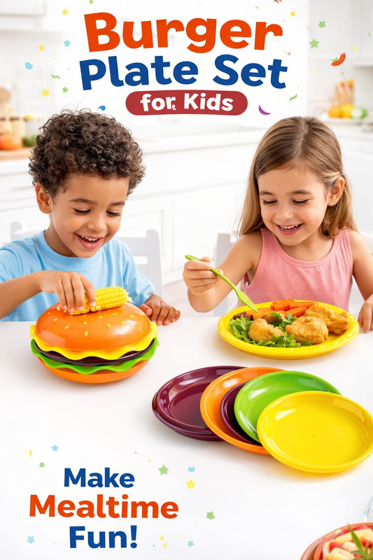 Zaariya Enterprise Kids Burger Shaped Plate Set | Cartoon Dinner Plates | (Multicolor) - Food Grade plastic, BPA free(Orange, Yellow, Brown, Green)