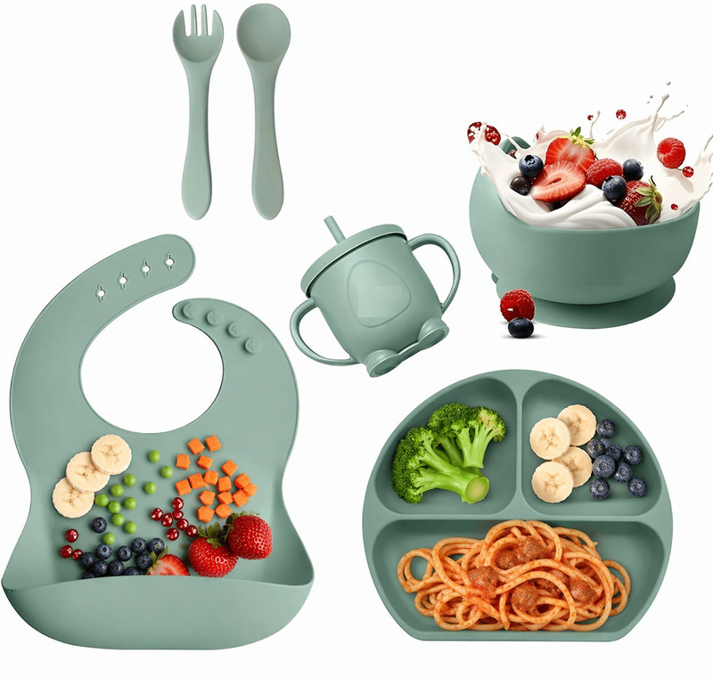 OMTHIA Silicone Baby Feeding Set  - Food-Grade Silicone, 100% Food-Grade Silicone, BPA-Free Silicone(Green)