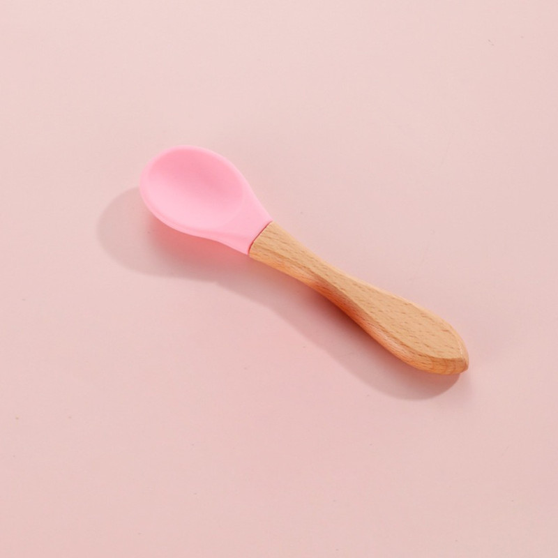 The Little Lookers Silicone Spoon with Bamboo Handle, BPA Free Feeding Spoons for Baby/Kids  - Silicone, Bamboo(Pink)
