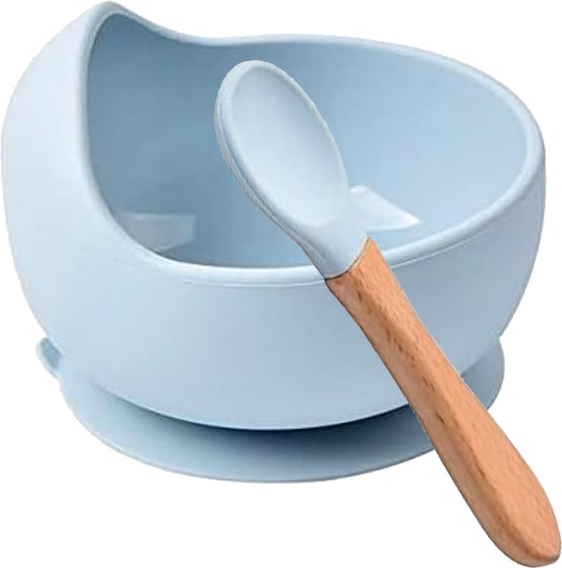 ARQIVO Baby Feeding Bowl and Spoon Set, Silicone Suction Base and Wooden Spoon  - Silicone(Sky Blue)