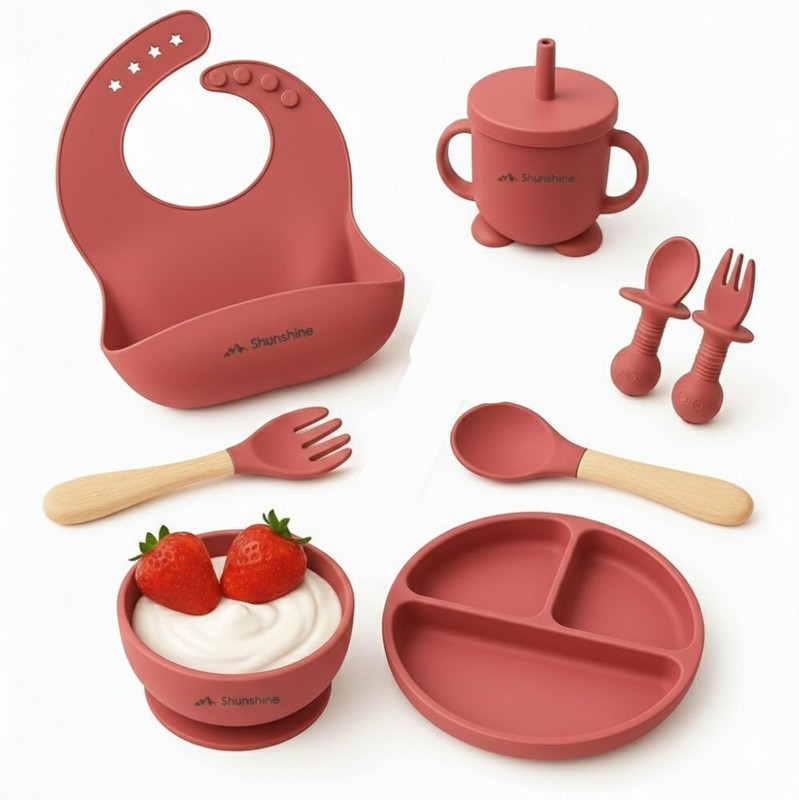 SHUNSHINE 8Pcs Baby Feeding Set with Suction Bowl, Plate, Cup, Spoon, Fork & Bib - Silicone(Dark Pink)