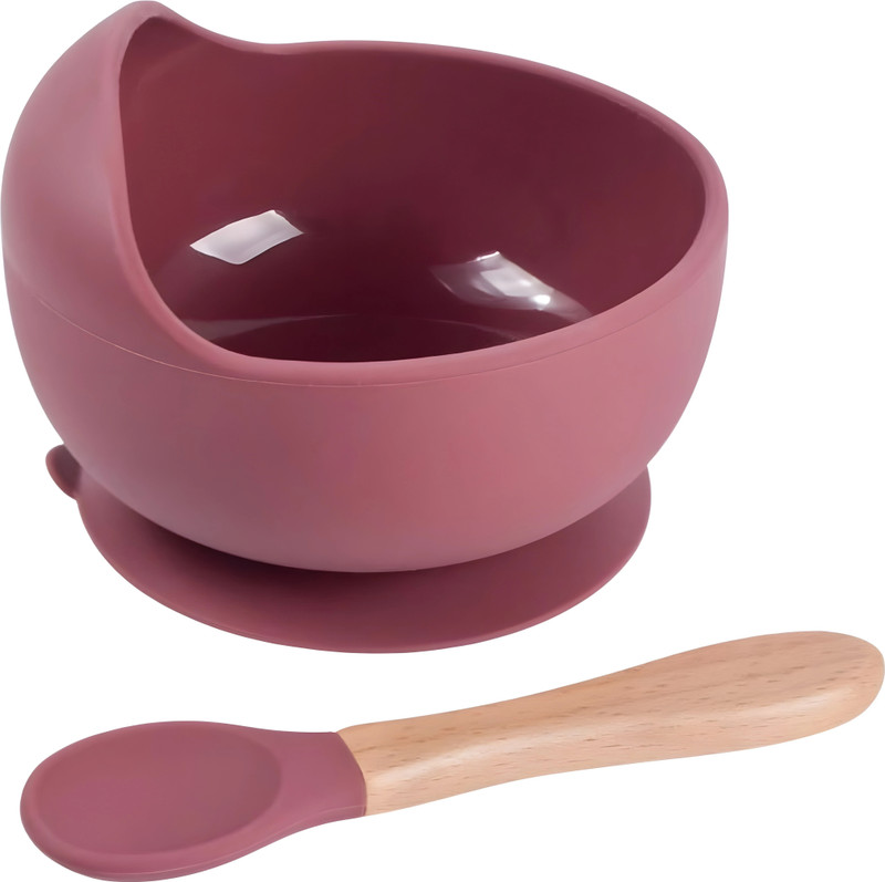 Housify Unbreakable Baby Feeding Bowl & Spoon Set – Suction Bowl and Wooden Spoon  - SILICONE(Pink)