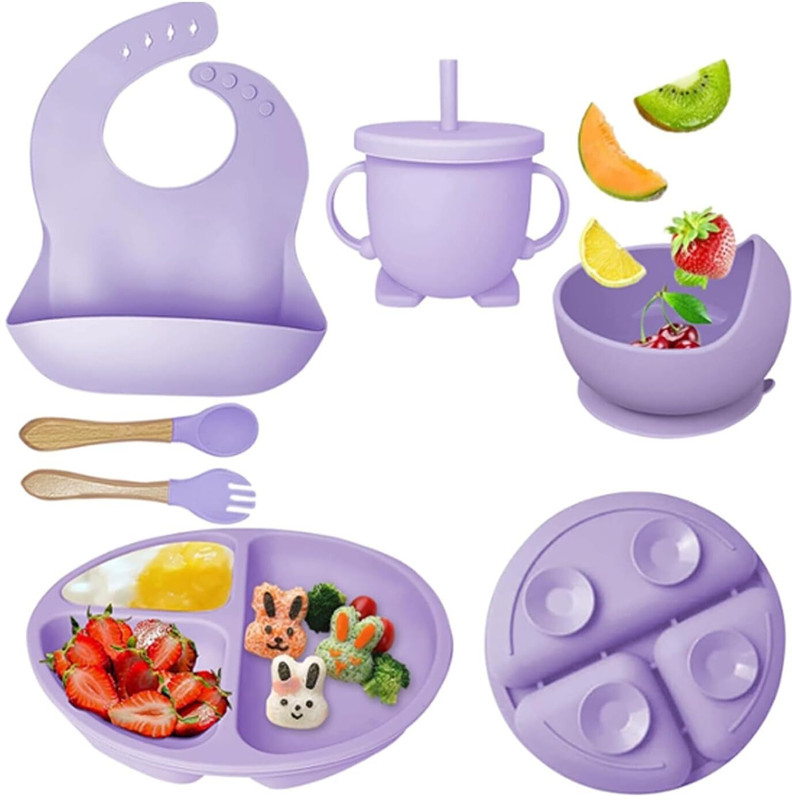 opriQ Silicone Baby Feeding Set | Complete 6-Piece Baby Led Weaning Set (Purple)  - BPA Free -Silicone(Purple)