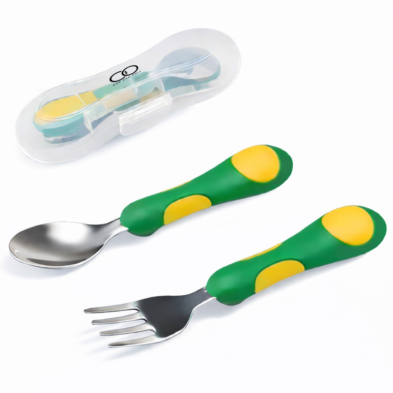 ONE AND ONLY Steel Feeding Spoons for Kids Home, Baby Spoon Fork with Case, School, Outdoor  - 304 Stainless Steel, BPA-Free Silicone(Green Yellow)