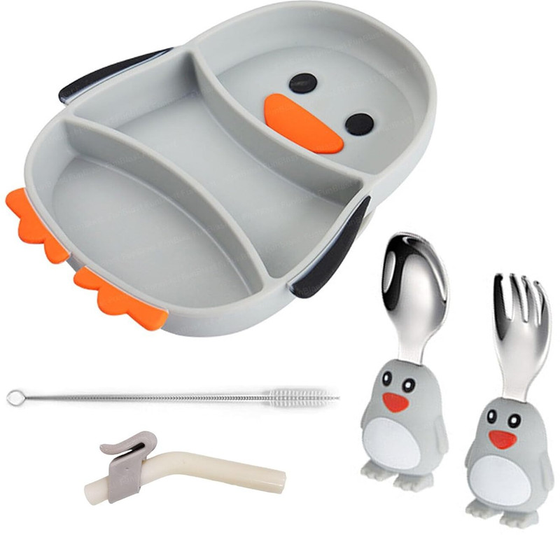 FunBlast Baby Tableware Dinner Set with Plate, Spoon, Fork, Sipper for Kids, Feeding Set  - Silicone(Penguin)