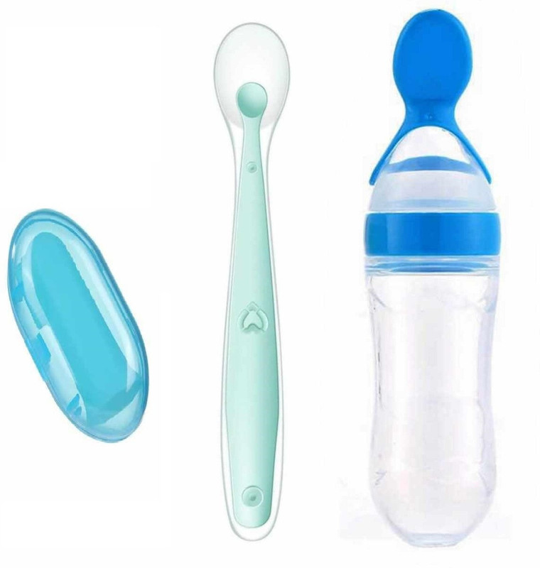 Drisona' Combo of 3 Item-Spoon Bottle 1 Pcs ,Flinger Brush 1 Pcs With 1 Pcs Silicon Spoon - Silicone(Blue)