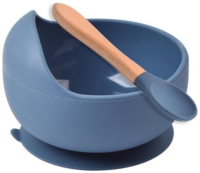 Chhaya Silicone Suction Baby Feeding Bowl with Wooden Spoon  - Silicon(Blue)